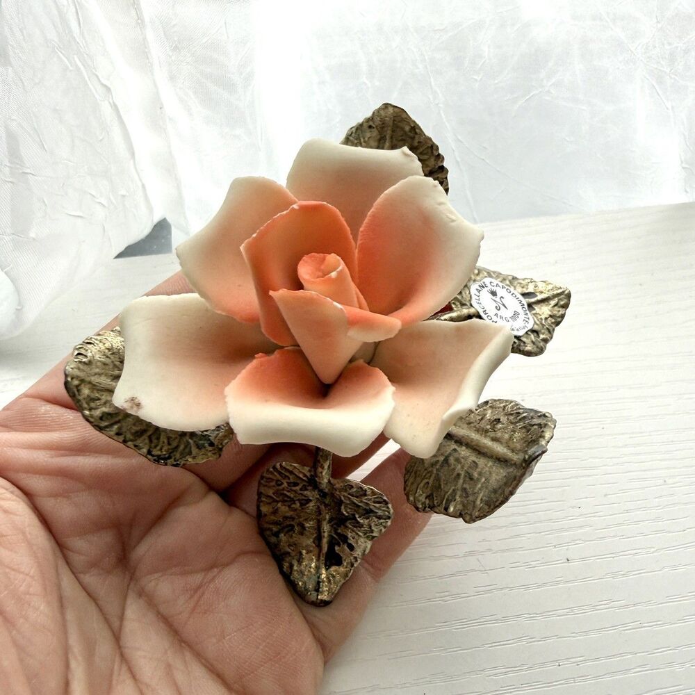 Vintage NWT*, Capodimonte Porcelain And Brass Rose, short version, ARG1000, M4